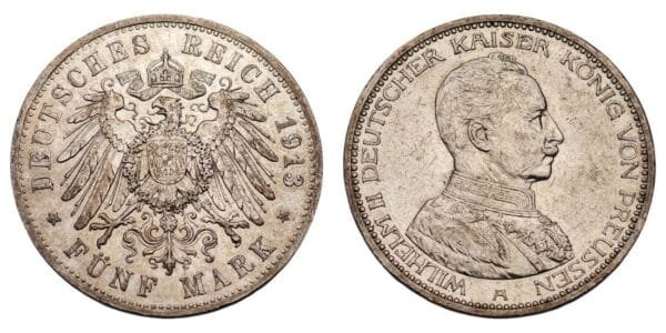 GERMANY 5 mark 1913A / Prussia / Silver / XF