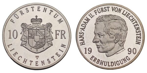 LIECHTENSTEIN 10 franken 1990 / Succession of Hans-Adam II / Silver / UNC-