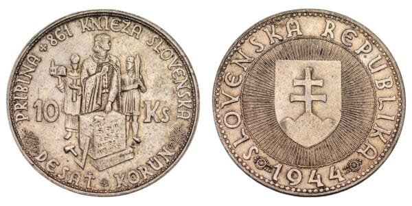SLOVAKIA 10 korun 1944 / WWII issue / Prince Pribina / Church with cross / Silver / VF