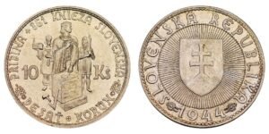 SLOVAKIA 10 korun 1944 / WWII issue / Prince Pribina / Church with cross / Silver / UNC-