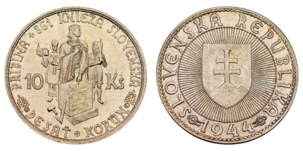 SLOVAKIA 10 korun 1944 / WWII issue / Prince Pribina / Church with cross / Silver / UNC-