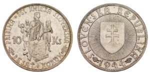 SLOVAKIA 10 korun 1944 / WWII issue / Prince Pribina / Church with cross / Silver / UNC-