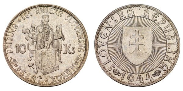 SLOVAKIA 10 korun 1944 / WWII issue / Prince Pribina / Church with cross / Silver / UNC-