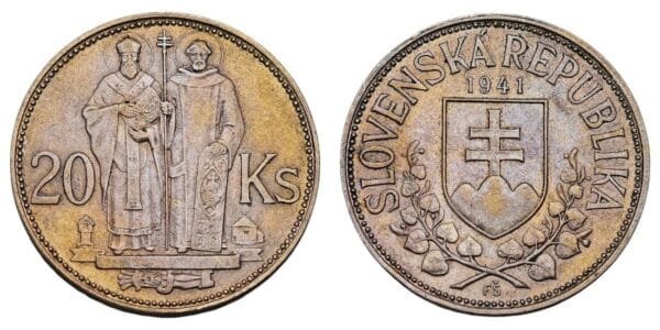 SLOVAKIA 20 korun 1941 / WWII issue / Saints Cyril And Methodius / Silver / XF