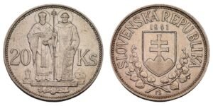 SLOVAKIA 20 korun 1941 / WWII issue / Saints Cyril And Methodius / Silver / XF