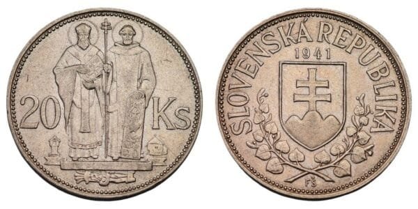 SLOVAKIA 20 korun 1941 / WWII issue / Saints Cyril And Methodius / Silver / XF