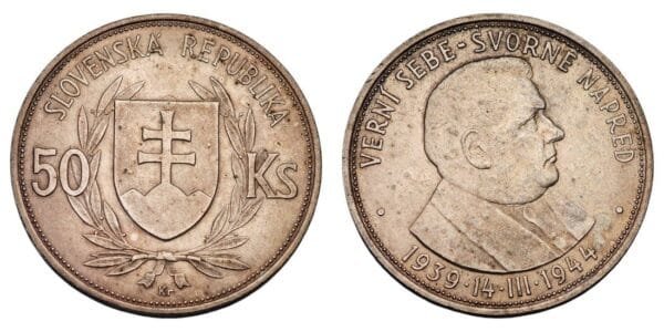 SLOVAKIA 50 korun 1944 / 5th Anniversary of the Slovak Republic / Silver / XF