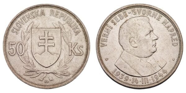 SLOVAKIA 50 korun 1944 / 5th Anniversary of the Slovak Republic / Silver / XF