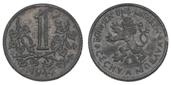 BOHEMIA AND MORAVIA 1 koruna 1944 / WWII issue / VF+