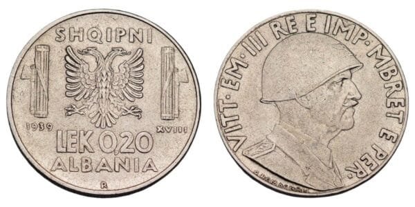 ALBANIA 0.20 lek 1939 / WWII Italian Occupation / VF+
