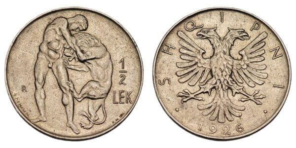 ALBANIA 1/2 lek 1926 / Hercules And Lion / VF+