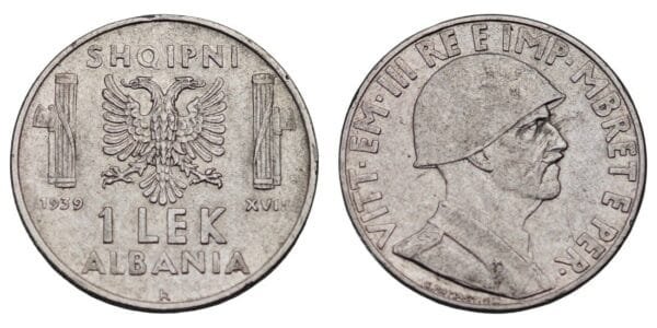 ALBANIA 1 lek 1939 / WWII Italian Occupation / VF