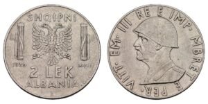 ALBANIA 2 lek 1939 / WWII Italian Occupation / VF+