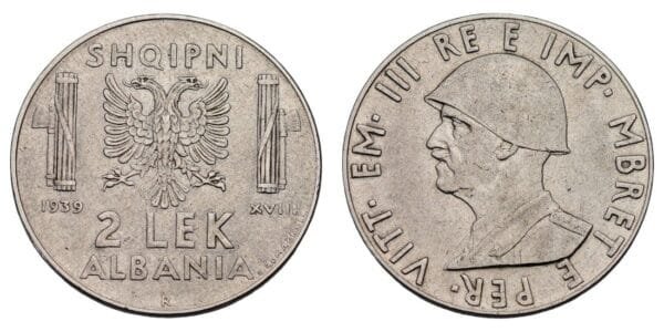 ALBANIA 2 lek 1939 / WWII Italian Occupation / VF+