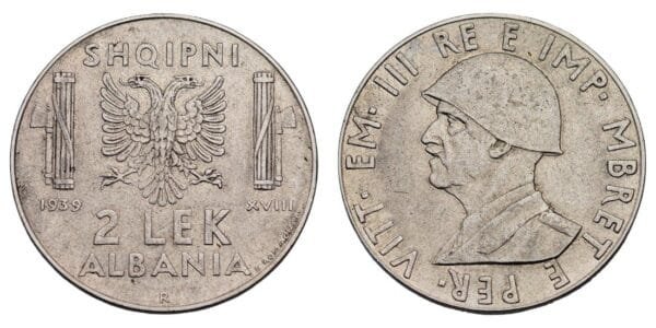 ALBANIA 2 lek 1939 / WWII Italian Occupation / VF+