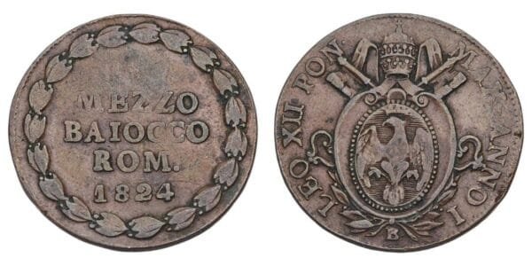 PAPAL STATES 1/2 baiocco 1824 VF-