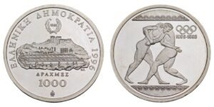GREECE 1000 drachmes 1996 / Olympic Games / Wrestling / Silver / Proof (with minor fingerprints)