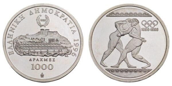 GREECE 1000 drachmes 1996 / Olympic Games / Wrestling / Silver / Proof (with minor fingerprints)
