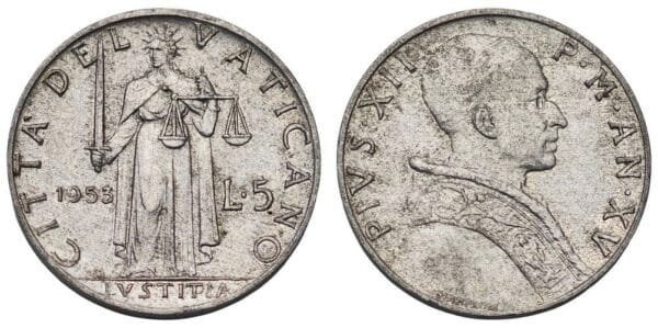 VATICAN CITY 5 lire 1953 VF