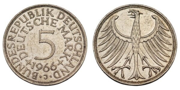 GERMANY 5 mark 1966J / Silver / XF
