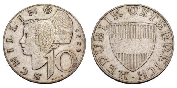 AUSTRIA 10 schilling 1958 / Silver / VF