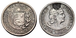 PERU 1 libra 1906 / vintage forgery / counterfeit / used as jewelry / VG