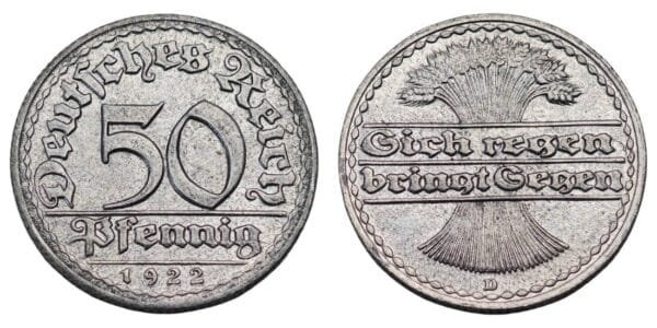 GERMANY 50 pfennig 1922D / Weimar Republic / XF+