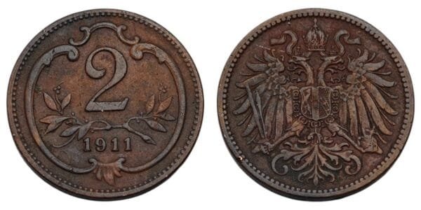 AUSTRIA 2 heller 1911 VF+