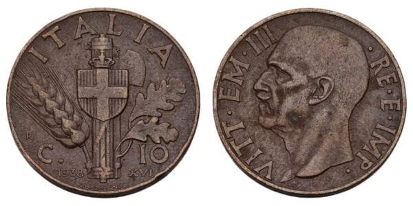 ITALY 10 centesimi 1938 VF