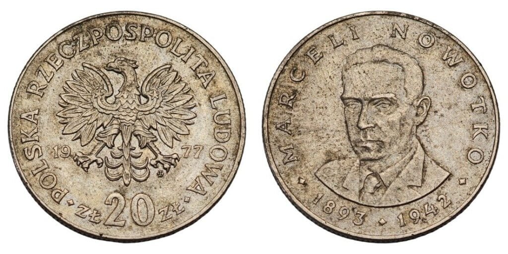 POLAND 20 zlotych 1977 / Marceli Nowotko / VF