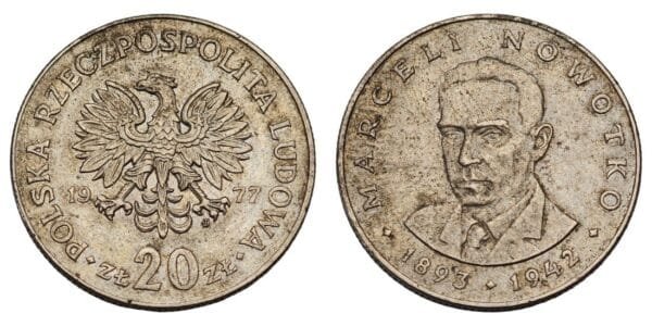 POLAND 20 zlotych 1977 / Marceli Nowotko / VF