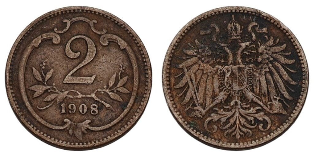 AUSTRIA 2 heller 1908 VF-