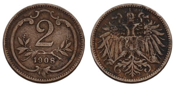 AUSTRIA 2 heller 1908 VF-