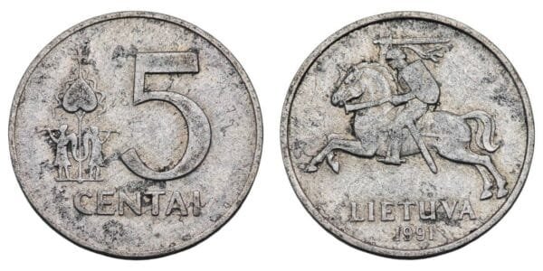 LITHUANIA 5 centai 1991 VF-
