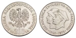 POLAND 200 zloty 1975 / 30th Anniversary of Victory Over Fascism / Silver / XF+