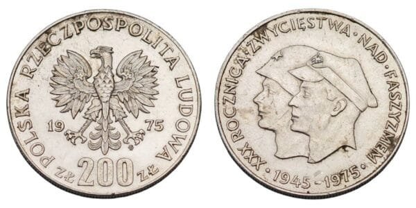 POLAND 200 zloty 1975 / 30th Anniversary of Victory Over Fascism / Silver / XF+