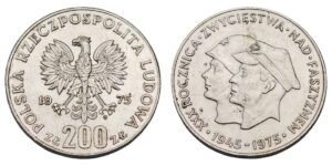 POLAND 200 zloty 1975 / 30th Anniversary of Victory Over Fascism / Silver / XF+