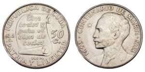 CUBA 50 centavos 1953 / 100th Anniversary of the Birth of Jose Marti / Silver / XF