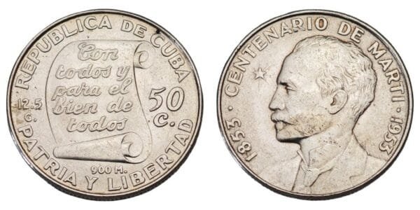 CUBA 50 centavos 1953 / 100th Anniversary of the Birth of Jose Marti / Silver / XF