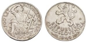 CZECHOSLOVAKIA 100 korun 1949 / 700th Anniversary of Jihlava Mining Privileges / Silver / XF