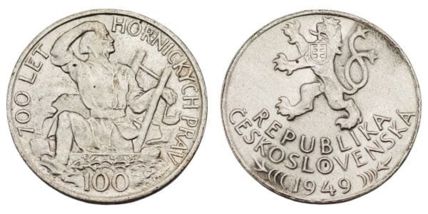 CZECHOSLOVAKIA 100 korun 1949 / 700th Anniversary of Jihlava Mining Privileges / Silver / XF