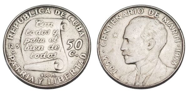 CUBA 50 centavos 1953 / 100th Anniversary of the Birth of Jose Marti / Silver / VF+