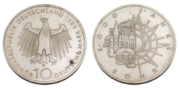 GERMANY 10 1972F 1989D / 2000 Years of Bonn / Silver / VF+