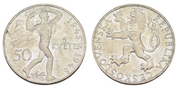 CZECHOSLOVAKIA 50 korun 1948 / 3rd Anniversary of the Prague Uprising / Silver / XF+