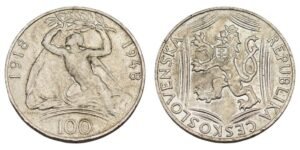 CZECHOSLOVAKIA 100 korun 1948 / 30th Anniversary of Independence / Silver / XF+