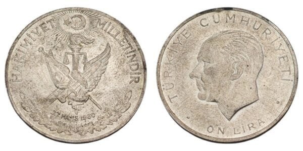 TURKEY 10 lira 1960 / 27 May 1960 Revolution / Silver / XF