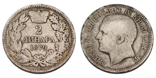 SERBIA 2 dinara 1879 / Silver / VF