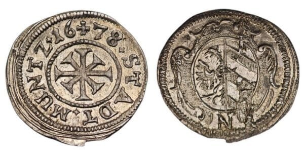 GERMANY 1 kreuzer 1678 / Nurnberg / Saint Andrew Cross / Silver / XF+