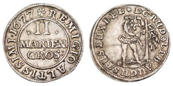 GERMANY 2 mariengroschen 1677 / Brunswick-Wolfenbuttel / Silver / XF