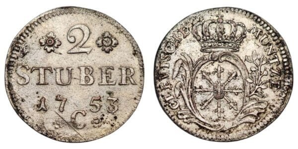 GERMANY 2 stuber 1753C / Cleves / Silver / XF